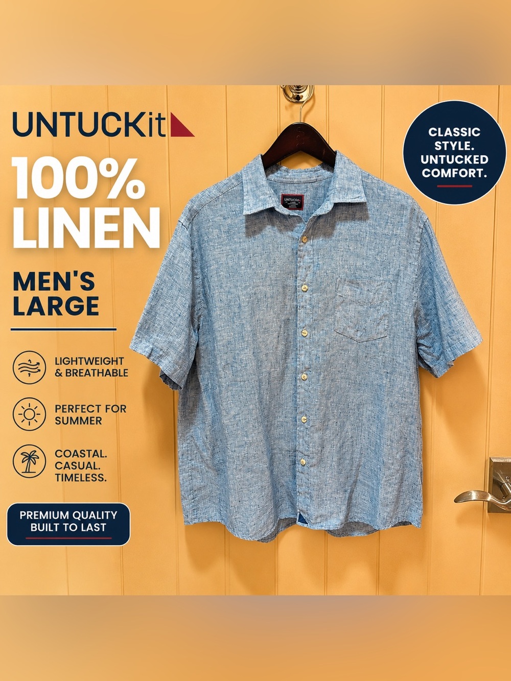 UNTUCKit Large Blue 100% Linen Short Sleeve Button Down Shirt Beach Resort